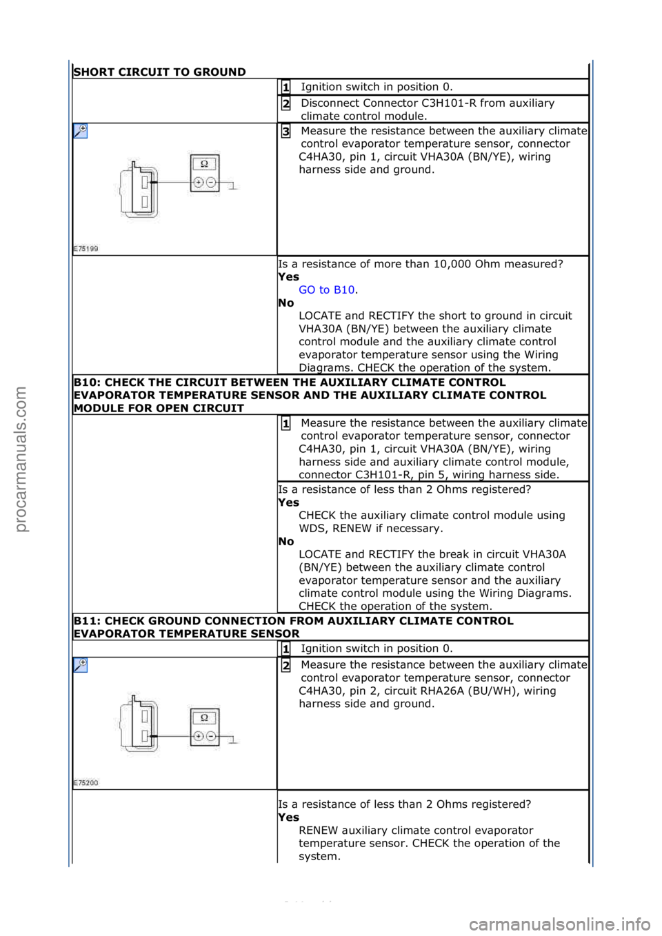 FORD S-MAX 2006  Service Repair Manual \fHORT\bCIRCUIT\bTO\bGROUND
Ignition\fswitch\fin\fposition\f0.\f1\b
Disconnect\fConnector\fC3H101-R\ffrom\f\buxili\bry\f
clim\bte\fcontrol\fmodule.\f2\b
Me\bsure\fthe\fresist\bnce\fbetween\fthe\f\buxi