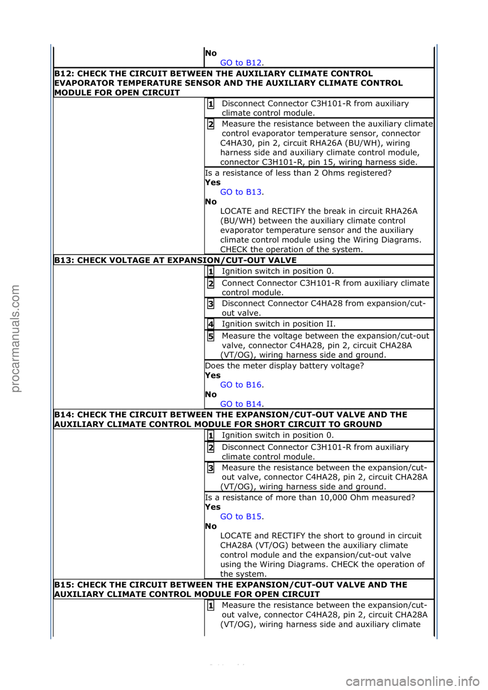 FORD S-MAX 2006  Service Repair Manual No\bGO\fto\fB12.\f\f
B12:\bCHECK\bTHE\bCIRCUIT\bBETWEEN\bTHE\bAUXILIARY\bCLIMATE\bCONTROL\b
EVAPORATOR\bTEMPERATURE\b\fEN\fOR\bAND\bTHE\bAUXILIARY\bCLIMATE\bCONTROL\b
MODULE\bFOR\bOPEN\bCIRCUIT
Discon