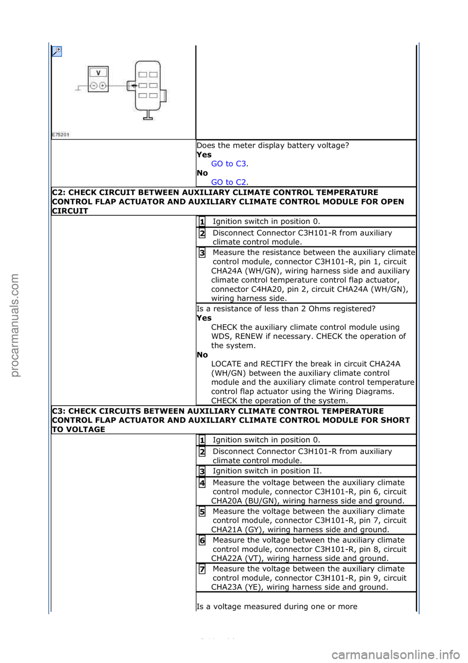 FORD S-MAX 2006  Service Repair Manual Does\fthe\fmeter\fdispl\by\fb\bttery\fvolt\bge?\f
Yes\bGO\fto\fC3 .\f\f
No\b
GO

\fto\fC2 .\f\f
C2:\bCHECK\bCIRCUIT\bBETWEEN\bAUXILIARY\bCLIMATE\bCONTROL\bTEMPERATURE\b
CONTROL\bFLAP\bACTUATOR\bAND\bA