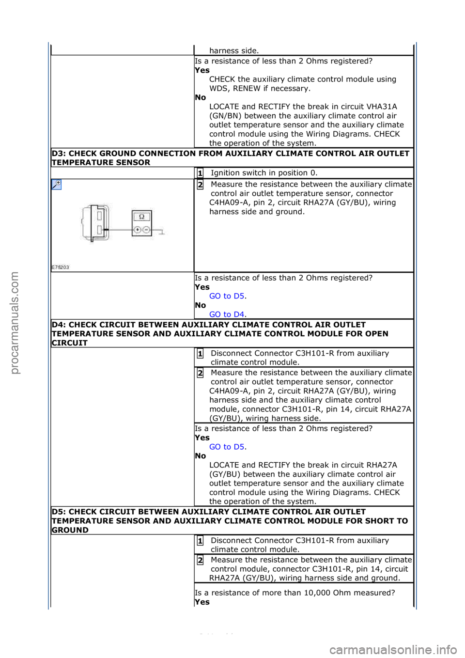 FORD S-MAX 2006  Service Repair Manual h\brness\fside.\f
Is\f\b\fresist\bnce\fof\fless\fth\bn\f2\fOhms\fregistered?\f
Yes\bCHECK\fthe\f\buxili\bry\fclim\bte\fcontrol\fmodule\fusing\f
WDS,\fRENEW\fif\fnecess\bry.\f
No\b
LOCATE\f\bnd\fRECTIF