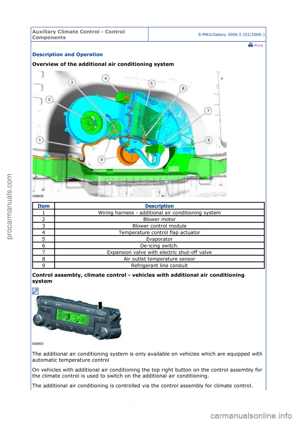 FORD S-MAX 2006  Service Repair Manual Auxiliar\b Clima\fe Con\frol - Con\frol 
Componen\fsS-MAX/G\bl\bxy\f2006.5\f(02/2006-)\fPrint \f
Descrip\fion and Opera\fion 
Overview of \fhe addi\fional air condi\fioning s\bs\fem 
Con

\frol assemb