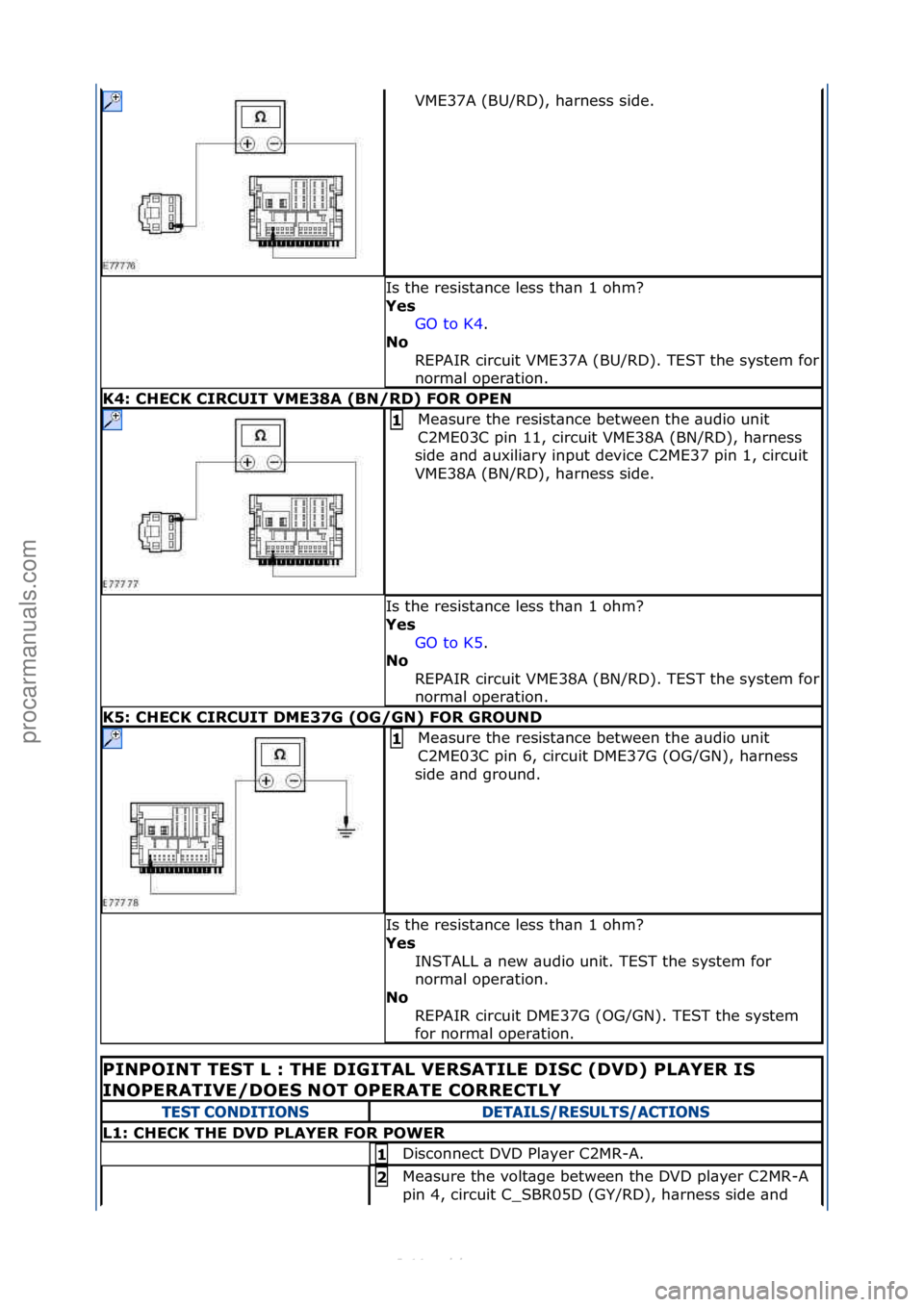 FORD S-MAX 2006  Service Repair Manual VME37A\f(BU/RD),\fh\brness\fside.\f
Is\fthe\fresist\bnce\fless\fth\bn\f1\fohm?\f
Yes GO\fto\fK4 .\f\f
No 
REPAIR\fcircuit\fVME37A\f(BU/RD).\fTEST\fthe\fsystem\ffor\f
norm\bl\foper\btion.\f
K4: CH\fCK 
