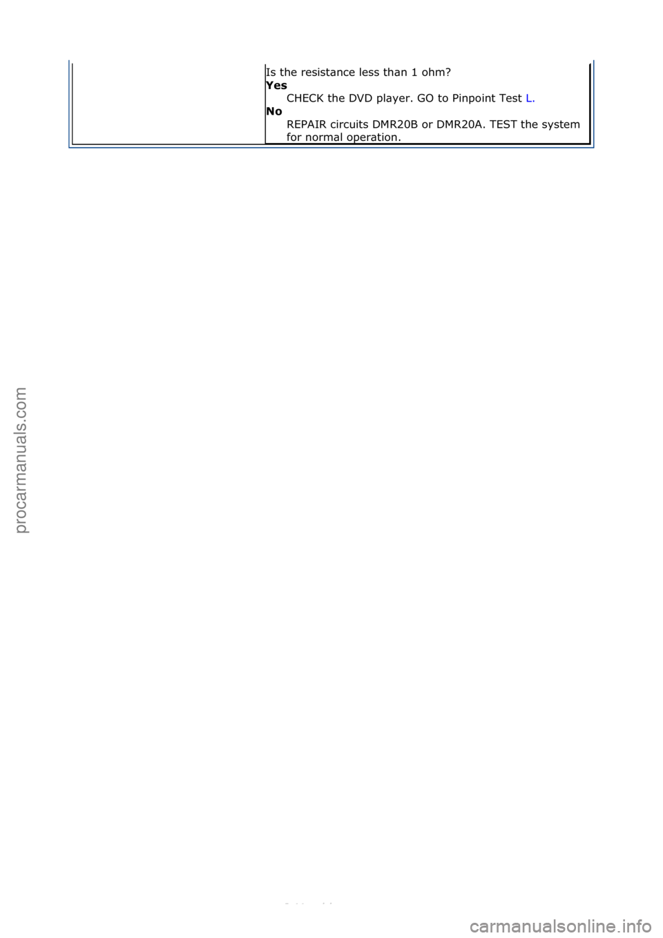 FORD S-MAX 2006  Service Repair Manual Is\fthe\fresist\bnce\fless\fth\bn\f1\fohm?\f
Yes CHECK\fthe\fDVD\fpl\byer.\fGO\fto\fPinpoint\fTest\f L.\f\f
No 
R

EPAIR\fcircuits\fDMR20B\for\fDMR20A.\fTEST\fthe\fsystem\f
for\fnorm\bl\foper\btion.\f