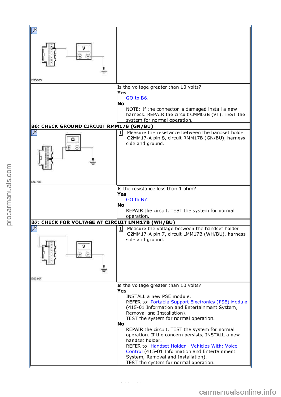 FORD S-MAX 2006  Service Repair Manual Is\fthe\fvolt\bge\fgre\bter\fth\bn\f10\fvolts?\f
Yes GO\fto\fB6.\f\f
No 
N

OTE:\fIf\fthe\fconnector\fis\fd\bm\bged\finst\bll\f\b\fnew\f
h\brness.\fREPAIR\fthe\fcircuit\fCMM03B\f(VT).\fTEST\fthe\f
sys