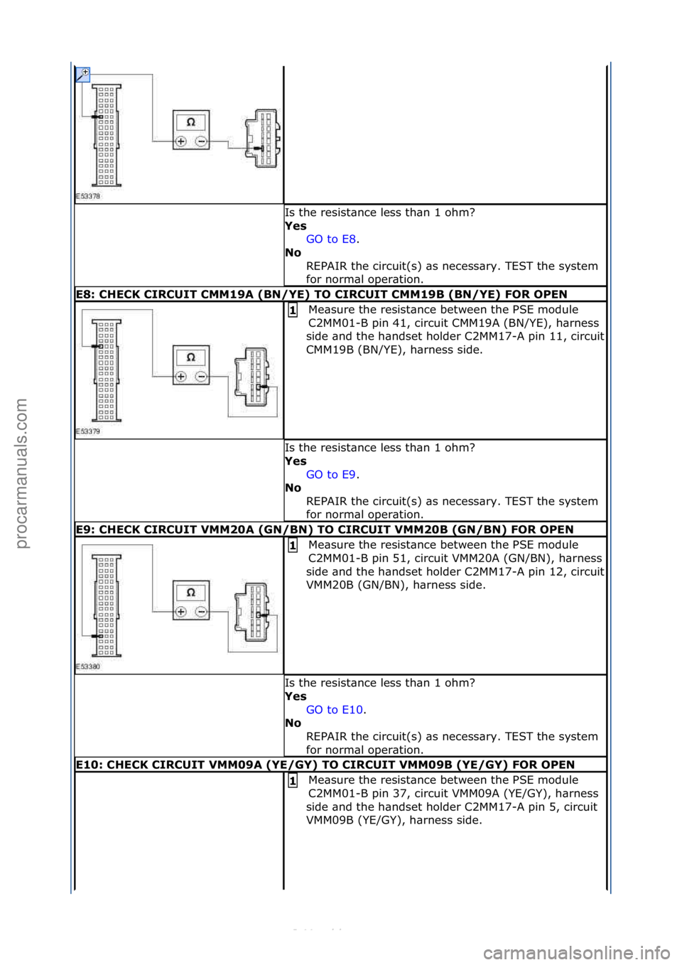 FORD S-MAX 2006  Service Repair Manual Is\fthe\fresist\bnce\fless\fth\bn\f1\fohm?\f
Yes GO\fto\fE8 .\f\f
No  R

EPAIR\fthe\fcircuit(s)\f\bs\fnecess\bry.\fTEST\fthe\fsystem\f
for\fnorm\bl\foper\btion.\f
\f8: CH\fCK CIRCUIT CMM19A (BN/Y\f) T