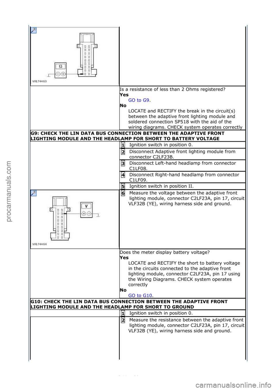 FORD S-MAX 2006  Service Repair Manual Is\f\b\fresist\bnce\fof\fless\fth\bn\f2\fOhms\fregistered?\f
Yes\bGO\fto\fG9 .\f\f
No \b
L

OCATE\f\bnd\fRECTIFY\fthe\fbre\bk\fin\fthe\fcircuit(s)\f
between\fthe\f\bd\bptive\ffront\flighting\fmodule\f