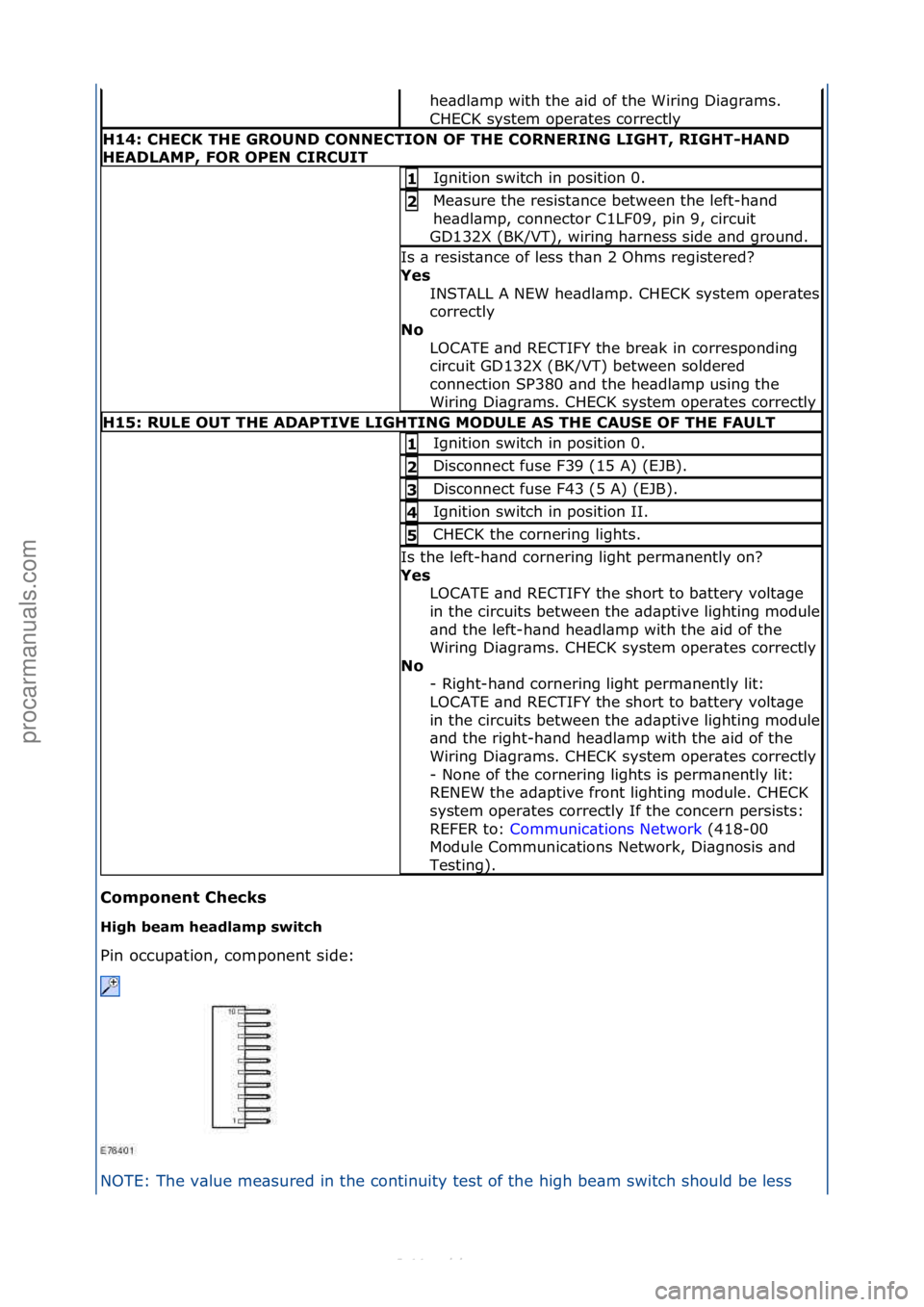 FORD S-MAX 2006  Service Repair Manual Compo\fe\ft\bChecks\b
High\bbeam\bheadlamp\bswitch\b
Pin\foccup\btion,\fcomponent\fside:\f
NO
TE:\fThe\fv\blue\fme\bsured\fin\fthe\fcontinuity\ftest\fof\fth e
 \fhigh\fbe\bm\fswitch\fshould\fbe\fless\
