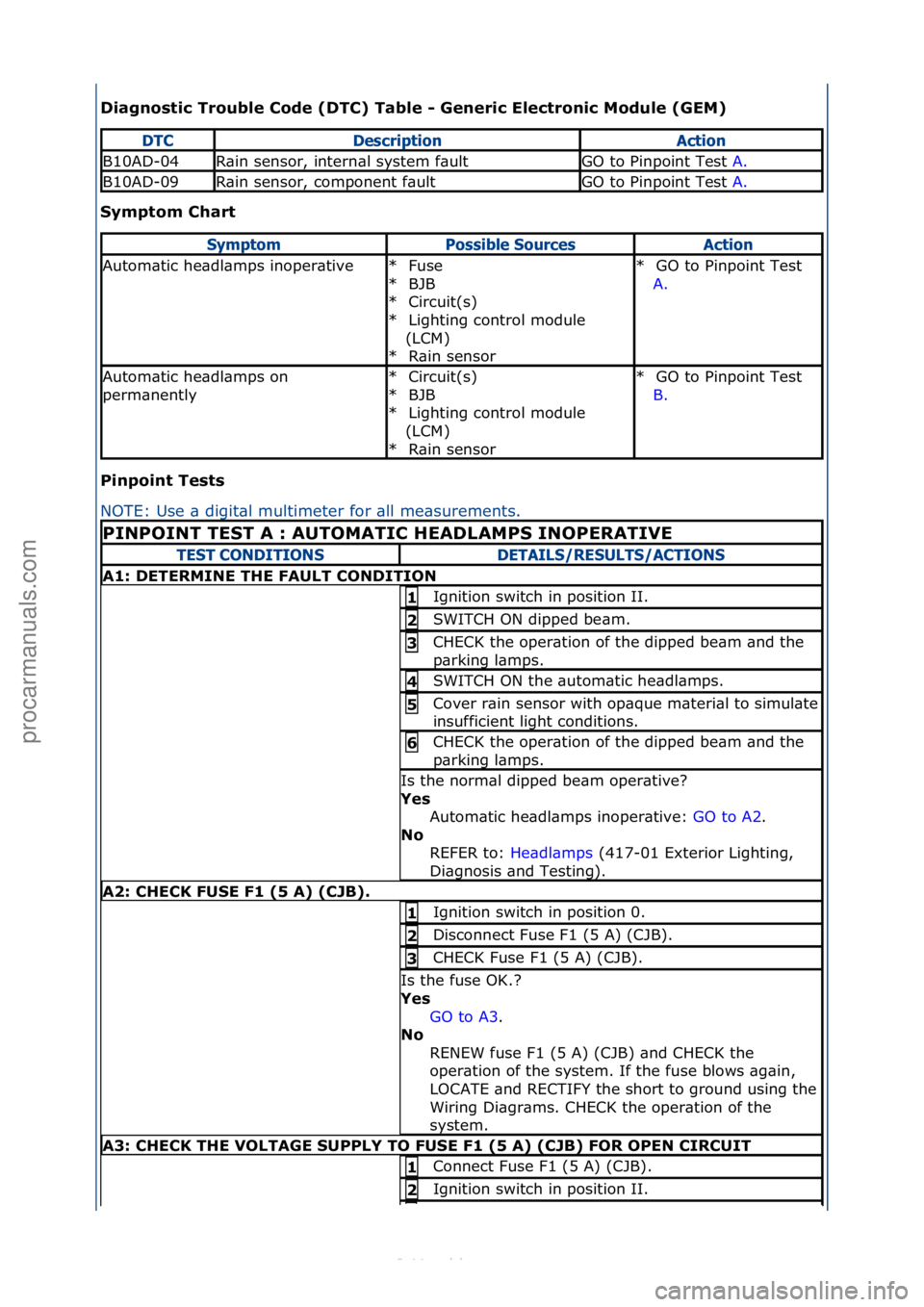 FORD S-MAX 2006  Service Repair Manual Diag\fostic\bTrouble\bCode\b(DTC)\bTable\b-\bGe\feric\bElectro\fic\bModule\b(GEM)\b
Symptom\bChart\b
Pi\fpoi\ft\bTests\b
NOTE:\fUse\f\b\fdigit\bl\fmultimeter\ffor\f\bll\fme\bsurements.\f
\fTC\fescript