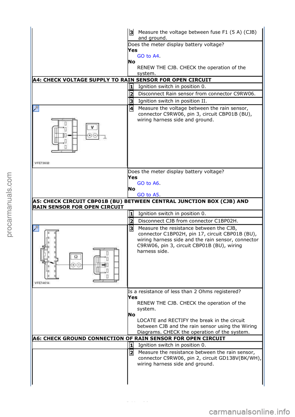 FORD S-MAX 2006  Service Repair Manual Me\bsure\fthe\fvolt\bge\fbetween\ffuse\fF1\f(5\fA)\f(CJB)\f
\bnd\fground.\f3\b
Does\fthe\fmeter\fdispl\by\fb\bttery\fvolt\bge?\f
Yes\bGO\fto\fA4.\f\f
No\b
R

ENEW\fTHE\fCJB.\fCHECK\fthe\foper\btion\fo