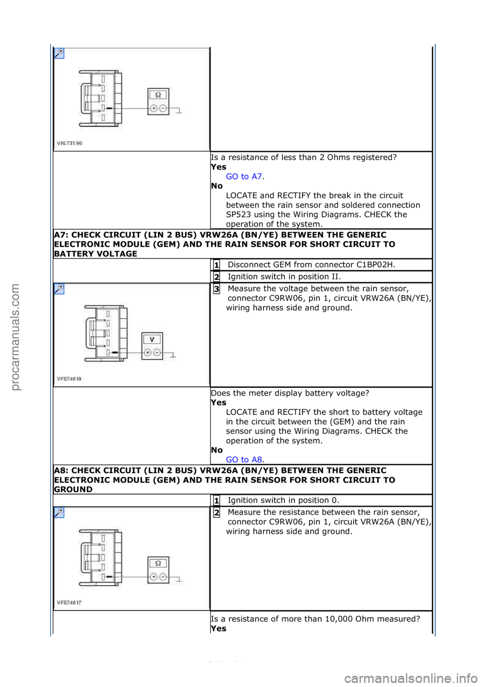 FORD S-MAX 2006  Service Repair Manual Is\f\b\fresist\bnce\fof\fless\fth\bn\f2\fOhms\fregistered?\f
Yes\bGO\fto\fA7.\f\f
No \b
L

OCATE\f\bnd\fRECTIFY\fthe\fbre\bk\fin\fthe\fcircuit\f
between\fthe\fr\bin\fsensor\f\bnd\fsoldered\fconnection