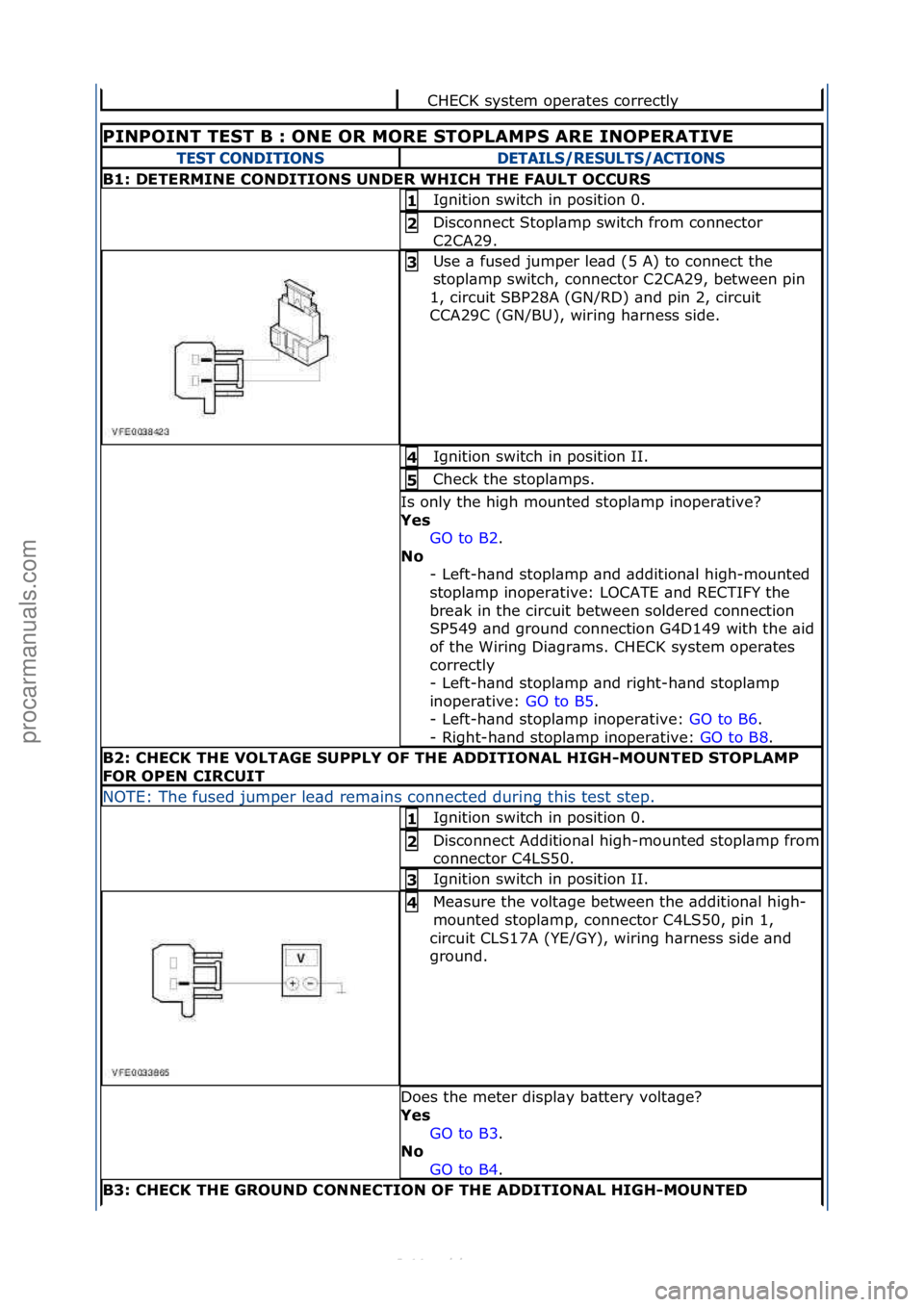 FORD S-MAX 2006  Service Repair Manual CHECK\fsystem\foper\btes\fcorrectly\f
PINPOINT\bTEST\bB\b:\bONE\bOR\bMORE\bSTOPLAMPS\bARE\bINOPERATIVE\b
TE\fT CONDITION\fDETAIL\f/RE\fULT\f/ACTION\f
B1:\bDETERMINE\bCONDITIONS\bUNDER\bWHICH\bTHE\bFAU