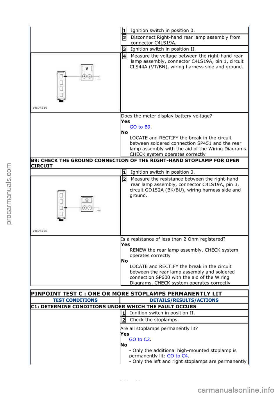 FORD S-MAX 2006  Service Repair Manual Ignition\fswitch\fin\fposition\f0.\f1\b
Disconnect\fRight-h\bnd\fre\br\fl\bmp\f\bssembly\ffrom\f
connector\fC4LS19A.\f2\b
Ignition\fswitch\fin\fposition\fII.\f3\b
Me\bsure\fthe\fvolt\bge\fbetween\fthe