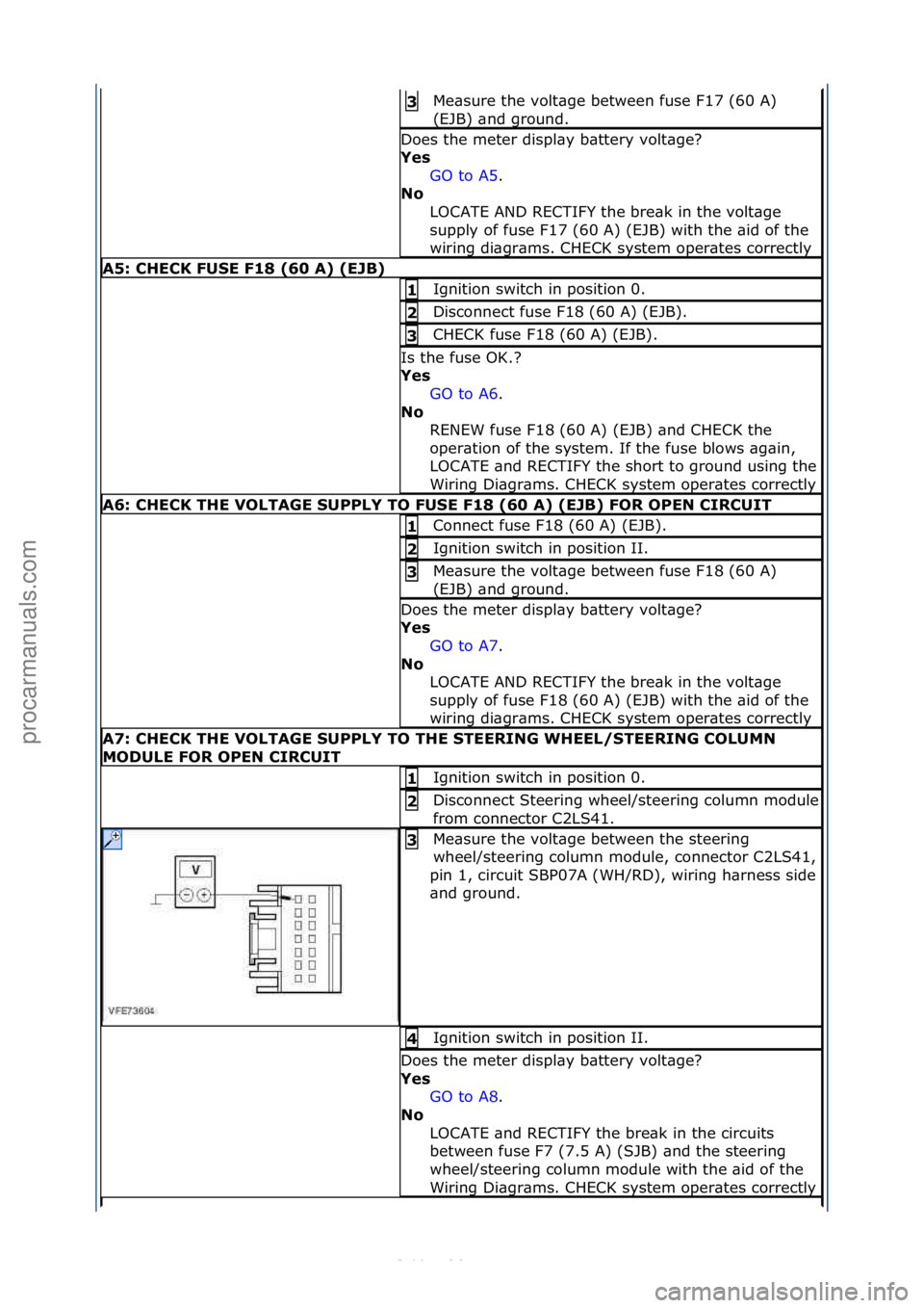 FORD S-MAX 2006  Service Repair Manual Me\bsure\fthe\fvolt\bge\fbetween\ffuse\fF17\f(60\fA)\f
(EJB)\f\bnd\fground.\f3\b
Does\fthe\fmeter\fdispl\by\fb\bttery\fvolt\bge?\f
Yes\bGO\fto\fA5.\f\f
No\b
L

OCATE\fAND\fRECTIFY\fthe\fbre\bk\fin\fth