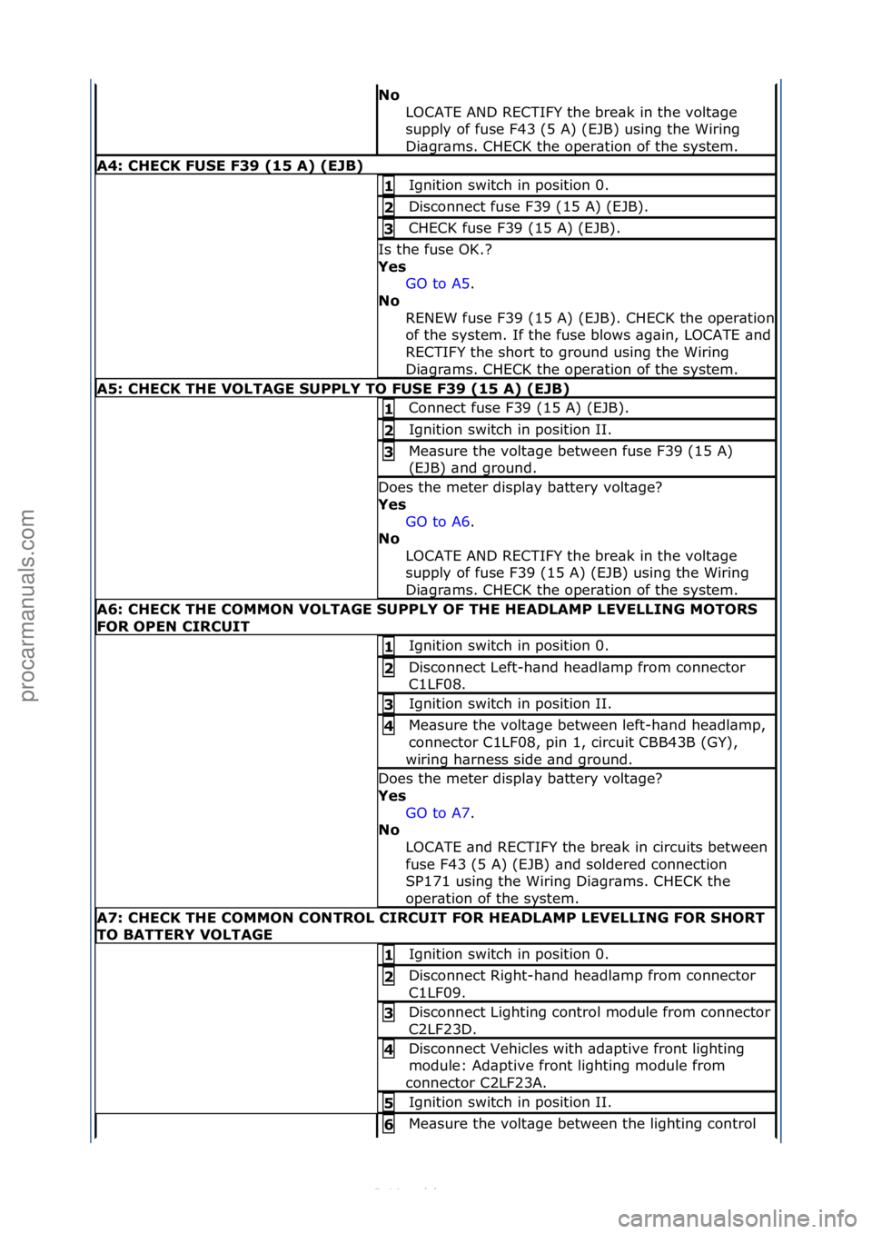 FORD S-MAX 2006  Service Repair Manual No\bLOCATE\fAND\fRECTIFY\fthe\fbre\bk\fin\fthe\fvolt\bge\f
supply\fof\ffuse\fF43\f(5\fA)\f(EJB)\fusing\fthe\fWiring\f
Di\bgr\bms.\fCHECK\fthe\foper\btion\fof\fthe\fsystem.\f
A4:\bCHECK\bFUSE\bF39\b(15