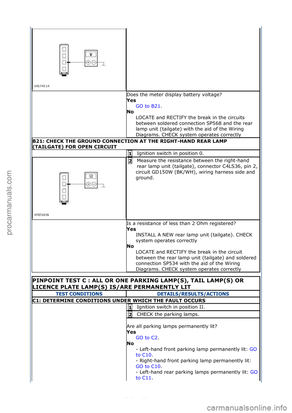 FORD S-MAX 2006  Service Repair Manual Does\fthe\fmeter\fdispl\by\fb\bttery\fvolt\bge?\f
Yes\bGO\fto\fB21.\f\f
No \b
L

OCATE\f\bnd\fRECTIFY\fthe\fbre\bk\fin\fthe\fcircuits\f
between\fsoldered\fconnection\fSP568\f\bnd\fthe\fre\br\f
l\bmp\f
