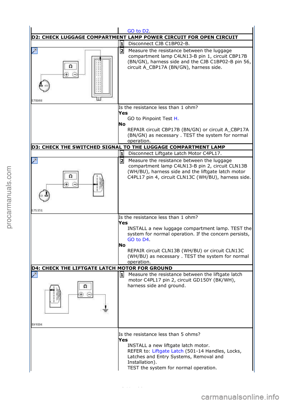 FORD S-MAX 2006  Service Repair Manual GO\fto\fD2.\f\f
D2:\bCHECK\bLUGGAGE\bCOMPARTMENT\bLAMP\bPOWER\bCIRCUIT\bFOR\bOPEN\bCIRCUIT
Disconnect\fCJB\fC1BP02-B.\f1\b
Me\bsure\fthe\fresist\bnce\fbetween\fthe\flugg\bge\f
comp\brtment\fl\bmp\fC4L