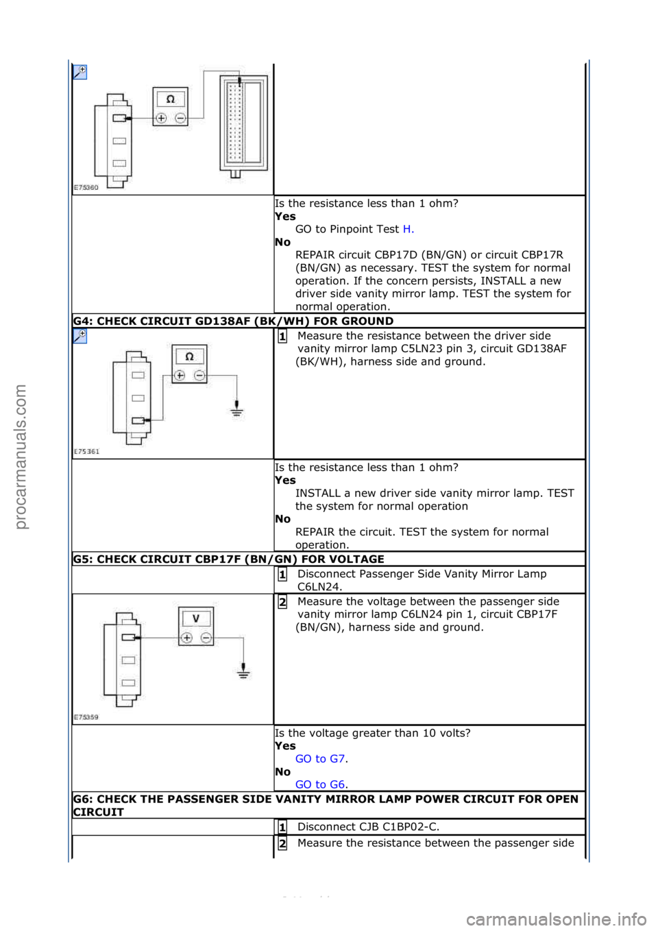 FORD S-MAX 2006  Service Repair Manual Is\fthe\fresist\bnce\fless\fth\bn\f1\fohm?\f
Yes\bGO\fto\fPinpoint\fTest\f H.\f\f
No\b R

EPAIR\fcircuit\fCBP17D\f(BN/GN)\for\fcircuit\fCBP17R\f
(BN/GN)\f\bs\fnecess\bry.\fTEST\fthe\fsystem\ffor\fnorm
