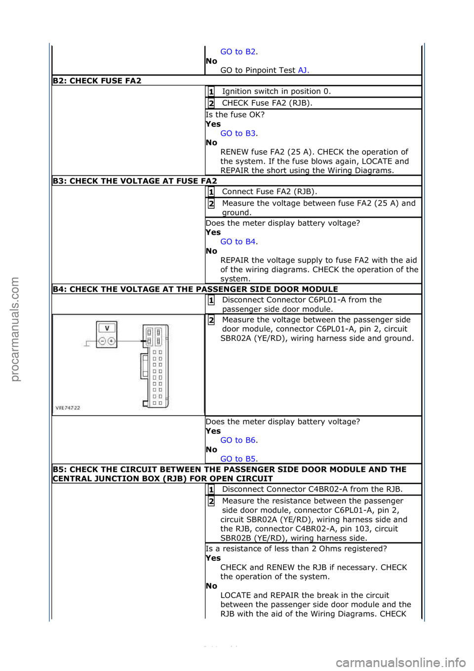 FORD S-MAX 2006  Service Repair Manual GO\fto\fB2.\f\f
No  GO
\fto\fPinpoint\fTest\f AJ.\f\f
B2: \bHE\bK FUSE FA2 
Ignition\fswitch\fin\fposition\f0.\f1 
CHECK\fFuse\fFA2\f(RJB).\f2 
Is\fthe\ffuse\fOK?\f
Yes 
GO\fto\fB3.\f\f
No  R

ENEW\ff