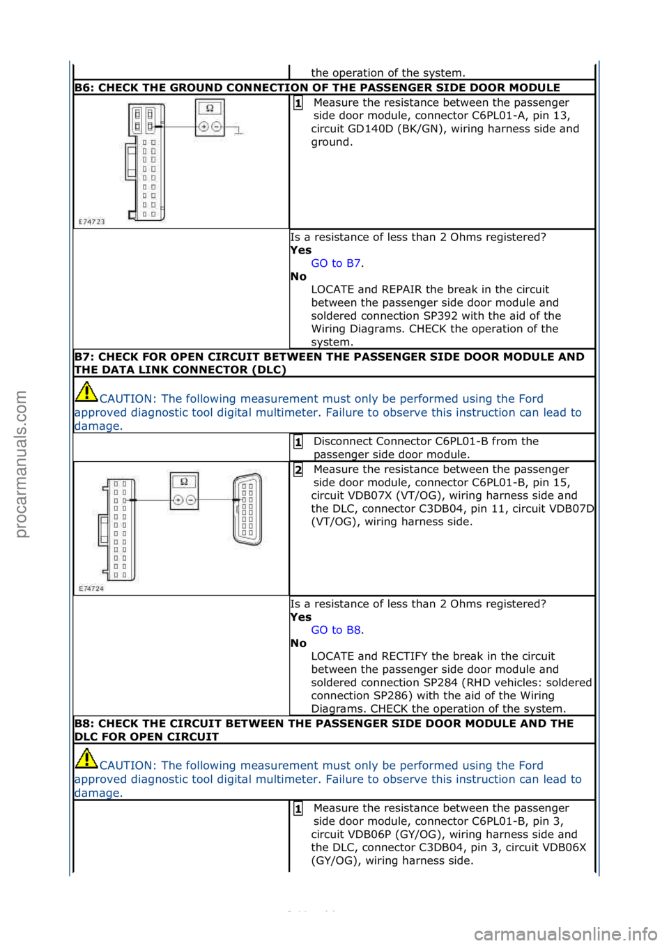 FORD S-MAX 2006  Service Repair Manual the\foper\btion\fof\fthe\fsystem.\f
B6: \bHE\bK THE GROUND \bONNE\bTION OF THE PASSENGER SIDE DOOR MODULE
Me\bsure\fthe\fresist\bnce\fbetween\fthe\fp\bssenger\f
side\fdoor\fmodule,\fconnector\fC6PL01-