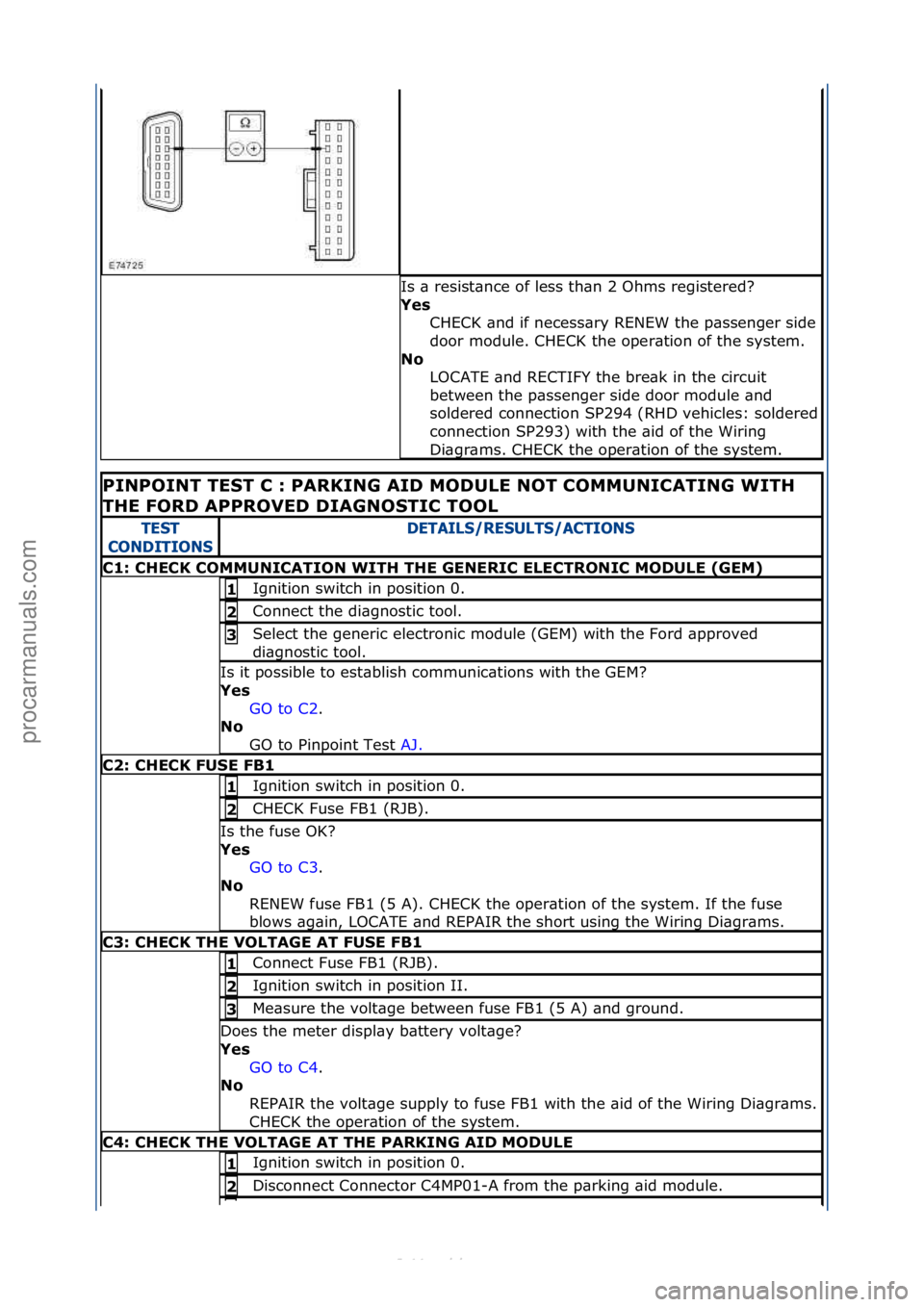 FORD S-MAX 2006  Service Repair Manual Is\f\b\fresist\bnce\fof\fless\fth\bn\f2\fOhms\fregistered?\f
Yes CHECK\f\bnd\fif\fnecess\bry\fRENEW\fthe\fp\bssenger\fside\f
door\fmodule.\fCHECK\fthe\foper\btion\fof\fthe\fsystem.\f
No  LOCATE\f\bnd\