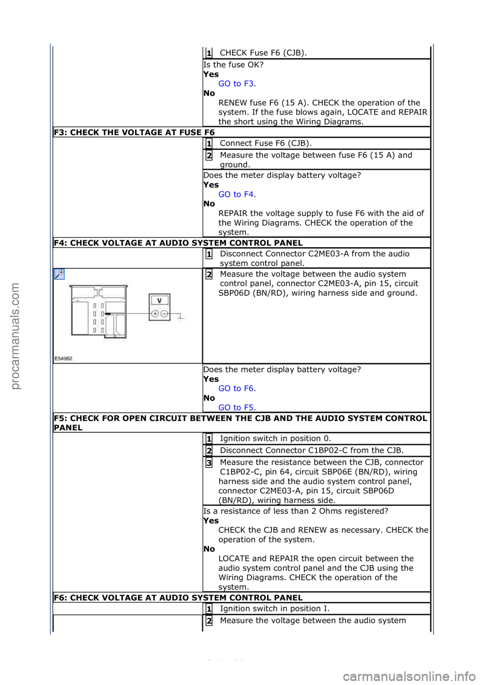 FORD S-MAX 2006  Service Repair Manual CHECK\fFuse\fF6\f(CJB).\f1 
Is\fthe\ffuse\fOK?\f
Yes GO\fto\fF3.\f\f
No  R

ENEW\ffuse\fF6\f(15\fA).\fCHECK\fthe\foper\btion\fof\fthe\f
system.\fIf\fthe\ffuse\fblows\f\bg\bin,\fLOCATE\f\bnd\fREPAIR\f
