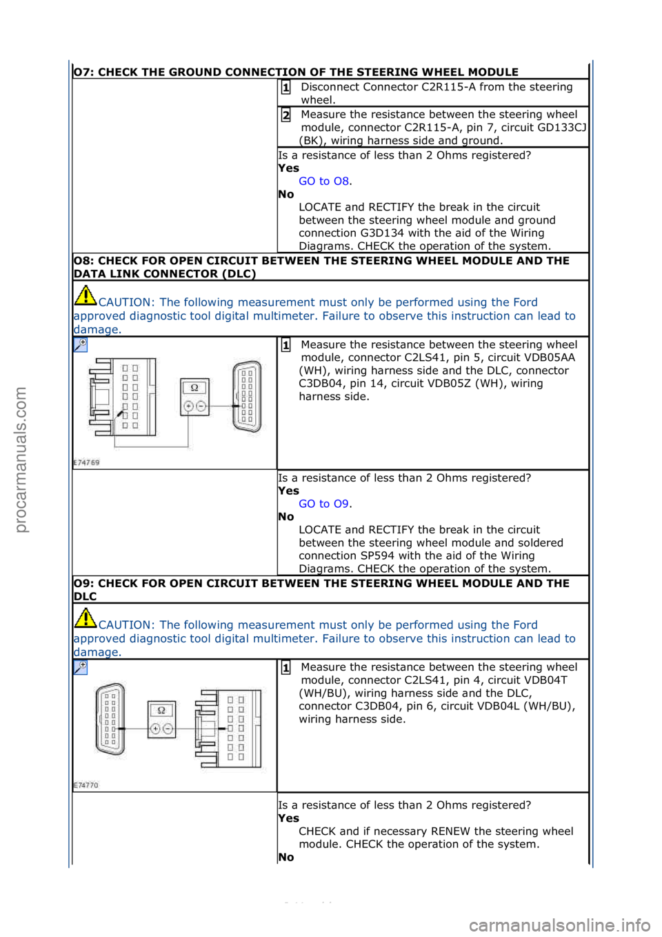 FORD S-MAX 2006  Service Repair Manual O7: \bHE\bK THE GROUND \bONNE\bTION OF THE STEERING WHEEL MODULE
Disconnect\fConnector\fC2R115-A\ffrom\fthe\fsteering\f
wheel.\f1 
Me\bsure\fthe\fresist\bnce\fbetween\fthe\fsteering\fwheel\f
module,\f