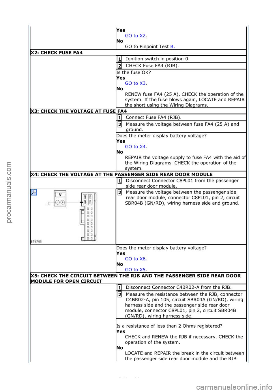 FORD S-MAX 2006  Service Repair Manual Yes GO\fto\fX2.\f\f
No  GO

\fto\fPinpoint\fTest\f B.\f\f
X2: \bHE\bK FUSE FA4 
Ignition\fswitch\fin\fposition\f0.\f1 
CHECK\fFuse\fFA4\f(RJB).\f2 
Is\fthe\ffuse\fOK?\f
Yes 
GO\fto\fX3.\f\f
No 
R

ENE