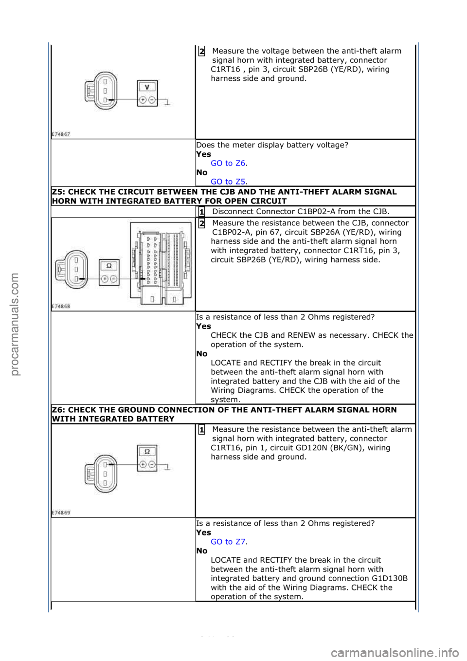 FORD S-MAX 2006  Service Repair Manual Me\bsure\fthe\fvolt\bge\fbetween\fthe\f\bnti-theft\f\bl\brm\f
sign\bl\fhorn\fwith\fintegr\bted\fb\bttery,\fconnector\f
C1RT16\f,\fpin\f3,\fcircuit\fSBP26B\f(YE/RD),\fwiring\f
h\brness\fside\f\bnd\fgro