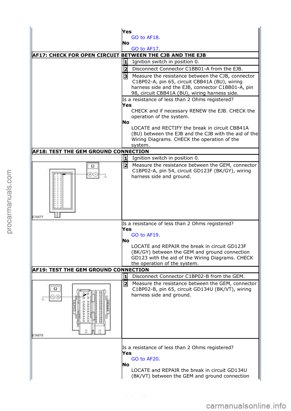 FORD S-MAX 2006  Service Repair Manual Yes GO\fto\fAF18 .\f\f
No  GO

\fto\fAF17 .\f\f
AF17: \bHE\bK FOR OPEN \bIR\bUIT BETWEEN THE \bJB AND THE EJB
Ignition\fswitch\fin\fposition\f0.\f1 
Disconnect\fConnector\fC1BB01-A\ffrom\fthe\fEJB.\f2