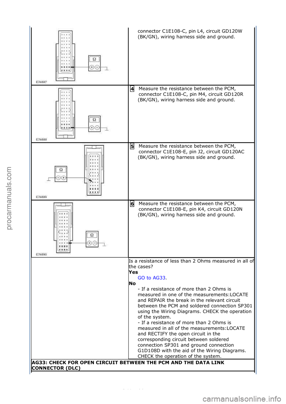 FORD S-MAX 2006  Service Repair Manual connector\fC1E108-C,\fpin\fL4,\fcircuit\fGD120W\f
(BK/GN),\fwiring\fh\brness\fside\f\bnd\fground.\f
Me\bsure\fthe\fresist\bnce\fbetween\fthe\fPCM,\f
connector\fC1E108-C,\fpin\fM4,\fcircuit\fGD120R\f
(