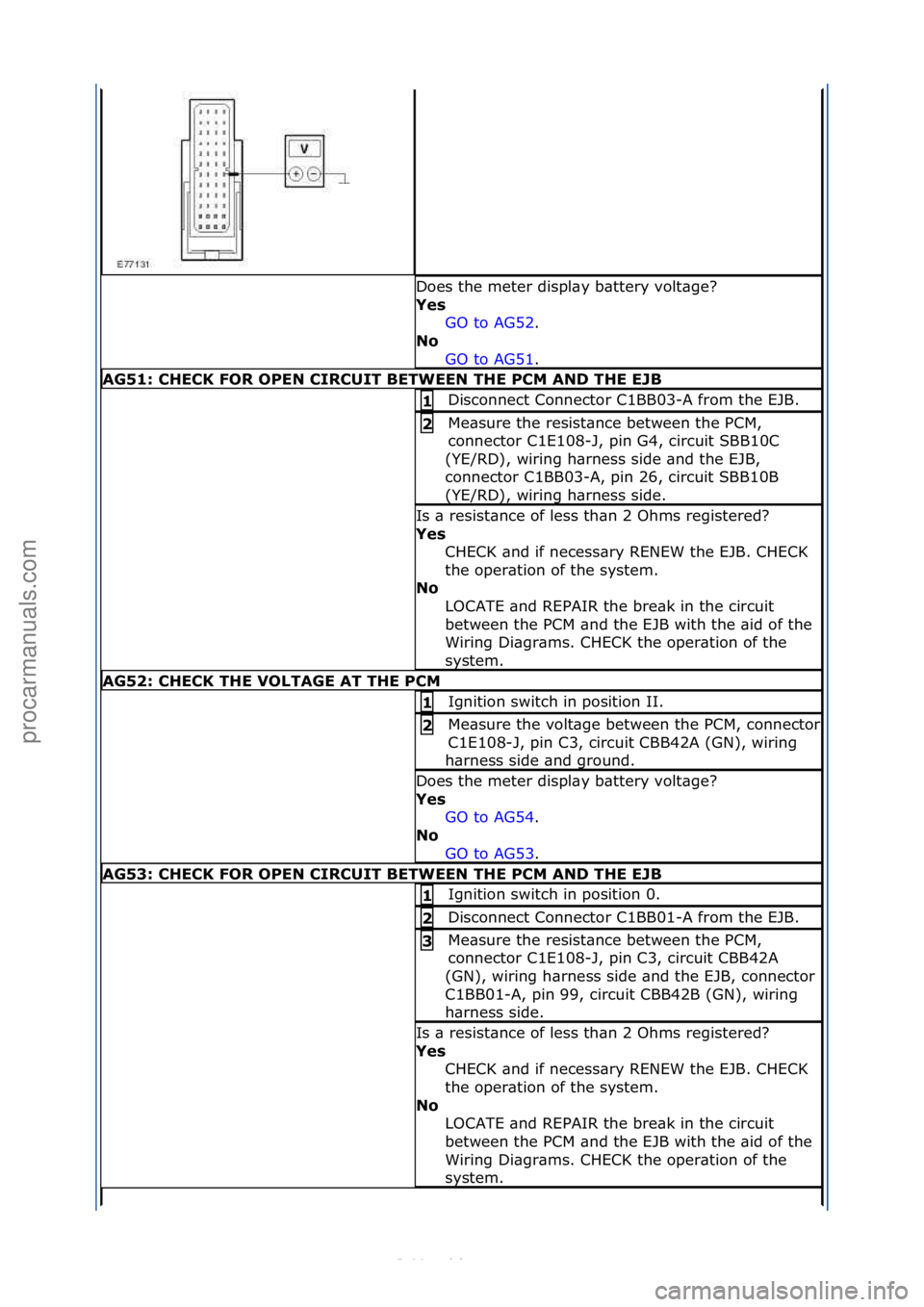 FORD S-MAX 2006  Service Repair Manual Does\fthe\fmeter\fdispl\by\fb\bttery\fvolt\bge?\f
Yes GO\fto\fAG52.\f\f
No 
GO

\fto\fAG51.\f\f
AG51: \bHE\bK FOR OPEN \bIR\bUIT BETWEEN THE P\bM AND THE EJB
Disconnect\fConnector\fC1BB03-A\ffrom\fthe