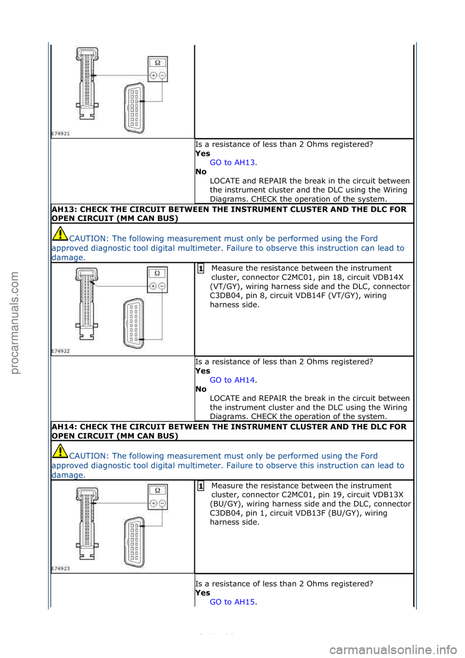 FORD S-MAX 2006  Service Repair Manual Is\f\b\fresist\bnce\fof\fless\fth\bn\f2\fOhms\fregistered?\f
Yes GO\fto\fAH13 .\f\f
No 
L

OCATE\f\bnd\fREPAIR\fthe\fbre\bk\fin\fthe\fcircuit\fbetween\f
the\finstrument\fcluster\f\bnd\fthe\fDLC\fusing