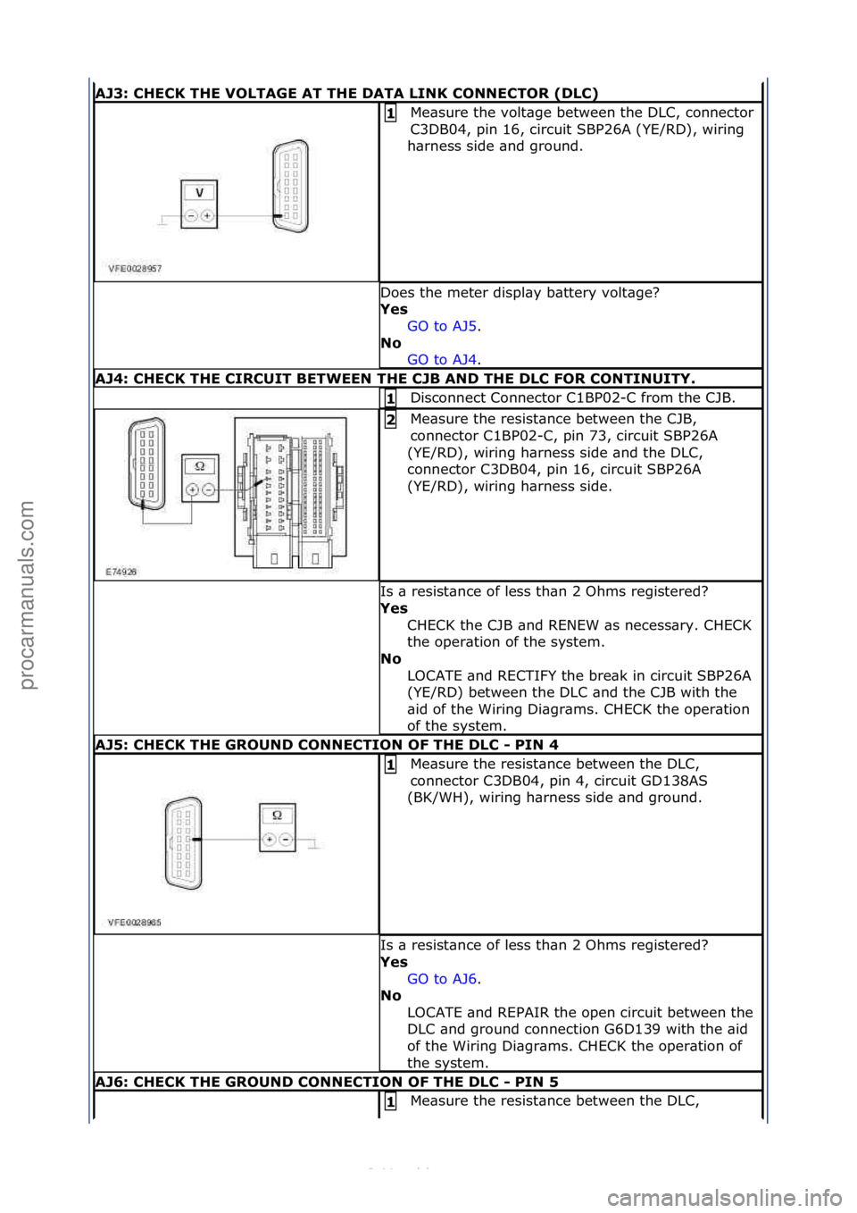 FORD S-MAX 2006  Service Repair Manual AJ3: \bHE\bK THE VOLTAGE AT THE DATA LINK \bONNE\bTOR (DL\b)
Me\bsure\fthe\fvolt\bge\fbetween\fthe\fDLC,\fconnector\f
C3DB04,\fpin\f16,\fcircuit\fSBP26A\f(YE/RD),\fwiring\f
h\brness\fside\f\bnd\fgroun