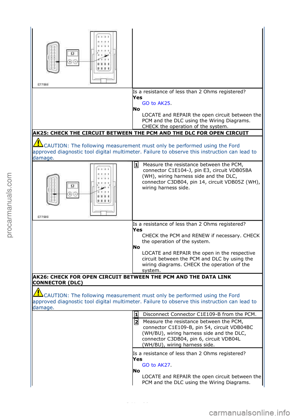 FORD S-MAX 2006  Service Repair Manual Is\f\b\fresist\bnce\fof\fless\fth\bn\f2\fOhms\fregistered?\f
Yes GO\fto\fAK25.\f\f
No 
LOCATE\f\bnd\fREPAIR\fthe\fopen\fcircuit\fbetween\fthe\f
PCM\f\bnd\fthe\fDLC\fusing\fthe\fWiring\fDi\bgr\bms.\f
C