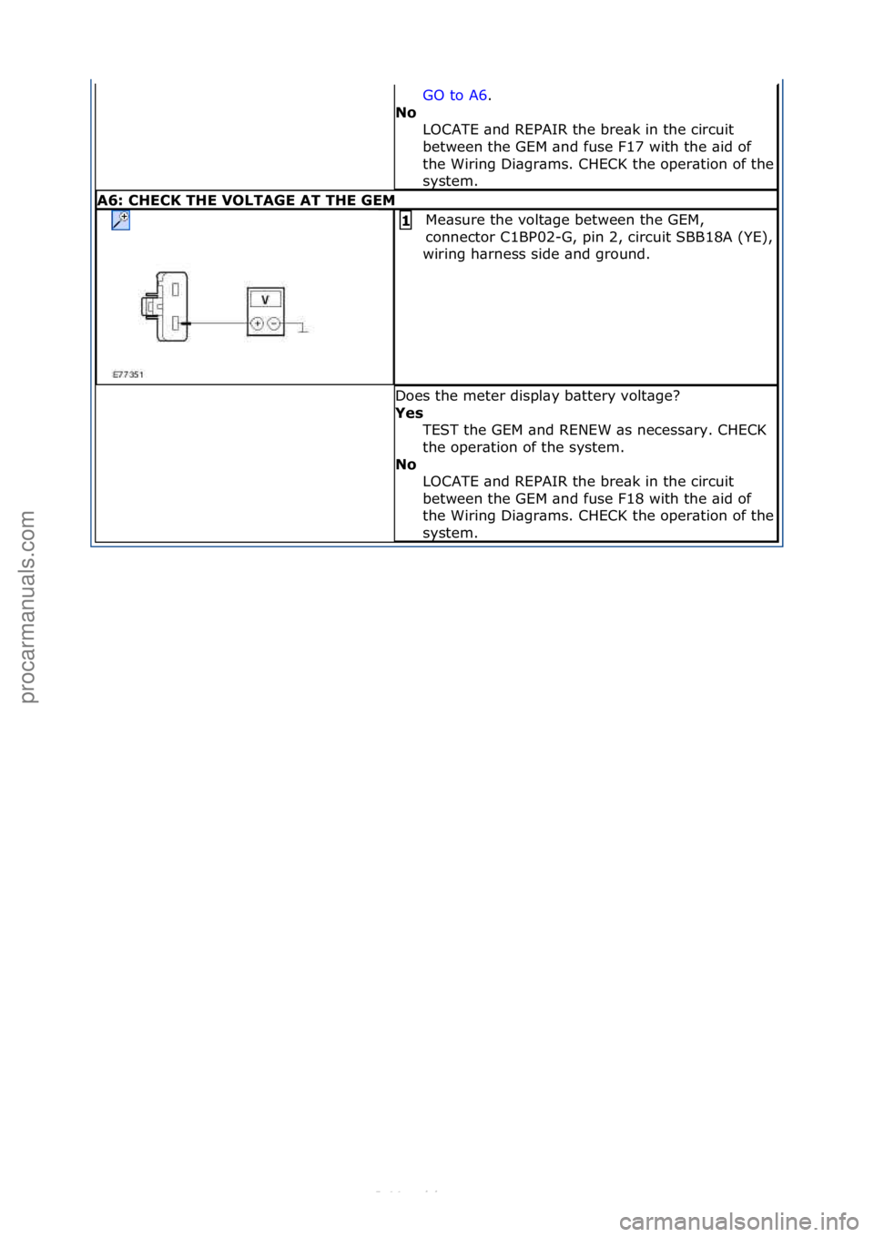 FORD S-MAX 2006  Service Repair Manual GO\fto\fA6.\f\f
No  L
OCATE\f\bnd\fREPAIR\fthe\fbre\bk\fin\fthe\fcircuit\f
between\fthe\fGEM\f\bnd\ffuse\fF17\fwith\fthe\f\bid\fof\f
the\fWiring\fDi\bgr\bms.\fCHECK\fthe\foper\btion\fof\fthe\f
system.