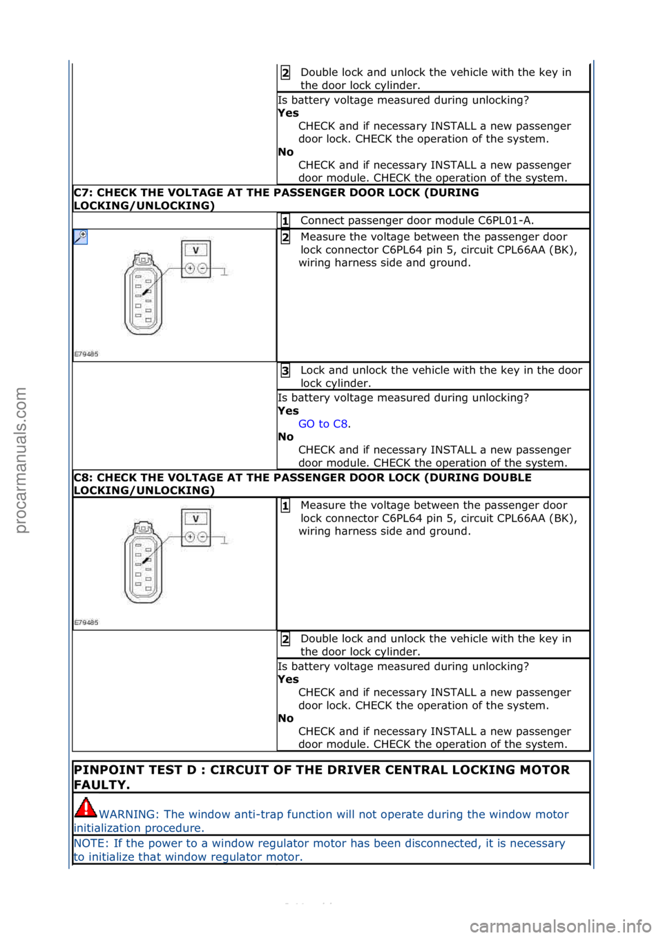 FORD S-MAX 2006  Service Repair Manual Double\flock\f\bnd\funlock\fthe\fvehicle\fwith\fthe\fkey\fin\f
the\fdoor\flock\fcylinder.\f2 
Is\fb\bttery\fvolt\bge\fme\bsured\fduring\funlocking?\f
Y\fs CHECK\f\bnd\fif\fnecess\bry\fINSTALL\f\b\fnew