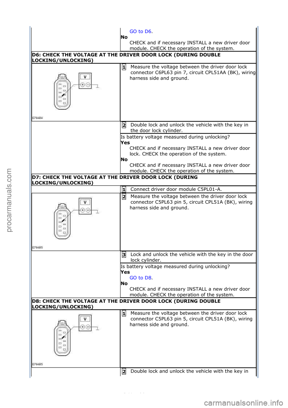FORD S-MAX 2006  Service Repair Manual GO\fto\fD6.\f\f
No  C
HECK\f\bnd\fif\fnecess\bry\fINSTALL\f\b\fnew\fdriver\fdoor\f
module.\fCHECK\fthe\foper\btion\fof\fthe\fsystem.\f
D6: CHECK THE VOLTAGE AT THE DRIVER DOOR LOCK (DURING DOUBLE 
LOC