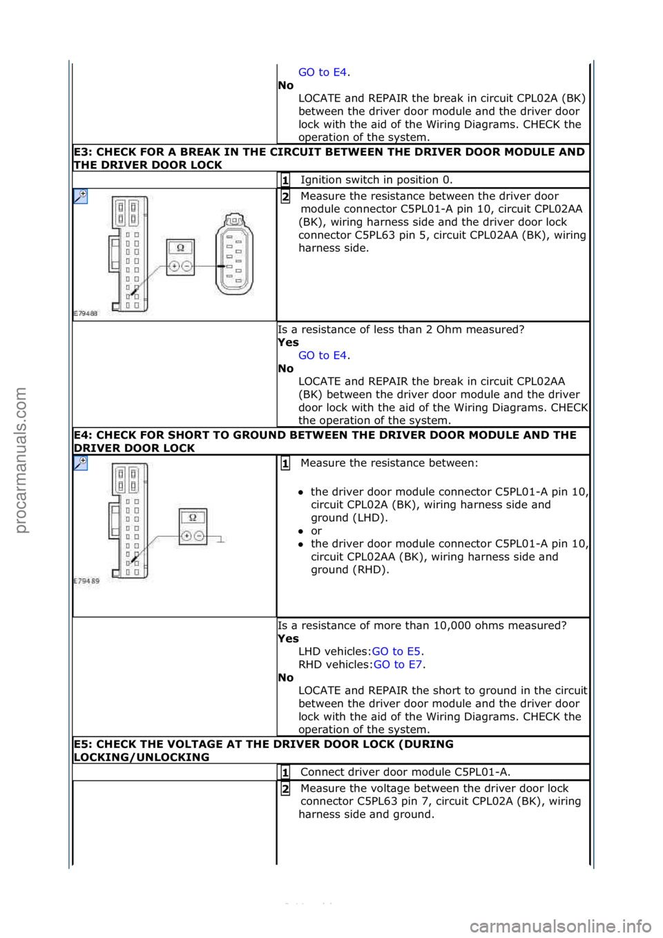 FORD S-MAX 2006  Service Repair Manual GO\fto\fE4.\f\f
No 
LOCATE\f\bnd\fREPAIR\fthe\fbre\bk\fin\fcircuit\fCPL02A\f(BK)\f
between\fthe\fdriver\fdoor\fmodule\f\bnd\fthe\fdriver\fdoor\f
lock\fwith\fthe\f\bid\fof\fthe\fWiring\fDi\bgr\bms.\fCH