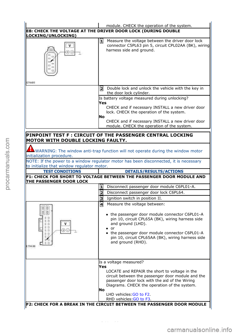FORD S-MAX 2006  Service Repair Manual module.\fCHECK\fthe\foper\btion\fof\fthe\fsystem.\f
E8: CHECK THE VOLTAGE AT THE DRIVER DOOR LOCK (DURING DOUBLE 
LOCKING/UNLOCKING)
Me\bsure\fthe\fvolt\bge\fbetween\fthe\fdriver\fdoor\flock\f
connect