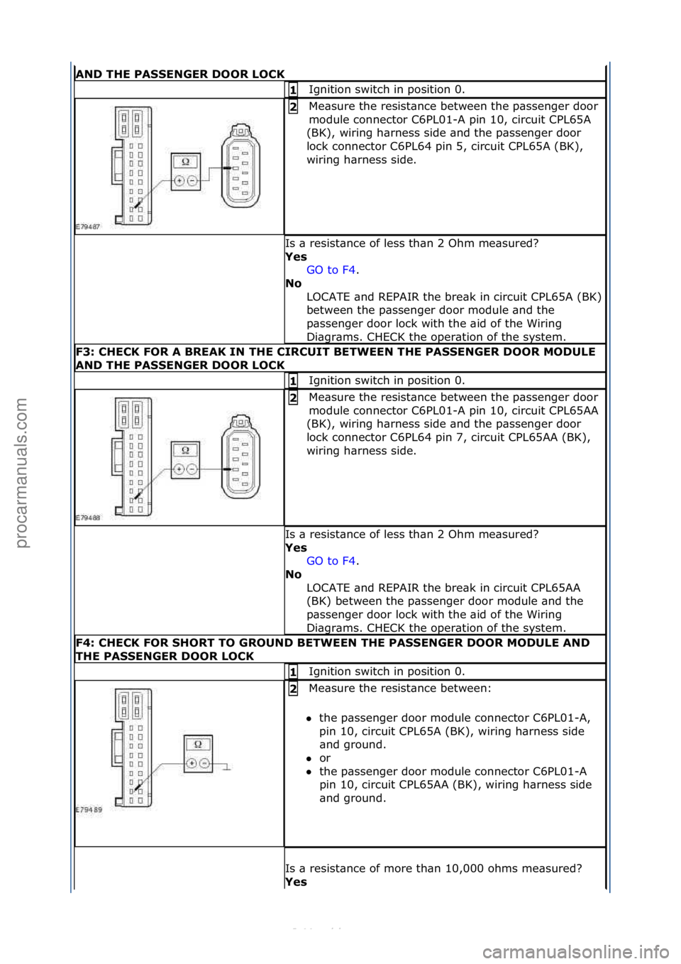 FORD S-MAX 2006  Service Repair Manual AND THE PASSENGER DOOR LOCK
Ignition\fswitch\fin\fposition\f0.\f1 
Me\bsure\fthe\fresist\bnce\fbetween\fthe\fp\bssenger\fdoor\f
module\fconnector\fC6PL01-A\fpin\f10,\fcircuit\fCPL65A\f
(BK),\fwiring\f