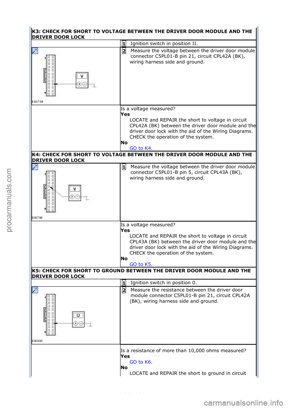 FORD S-MAX 2006  Service Repair Manual K3: CHECK FOR SHORT TO VOLTAGE BETWEEN THE DRIVER DOOR MODULE AND THE 
DRIVER DOOR LOCK
Ignition\fswitch\fin\fposition\fII.\f1 
Me\bsure\fthe\fvolt\bge\fbetween\fthe\fdriver\fdoor\fmodule\f
connector\