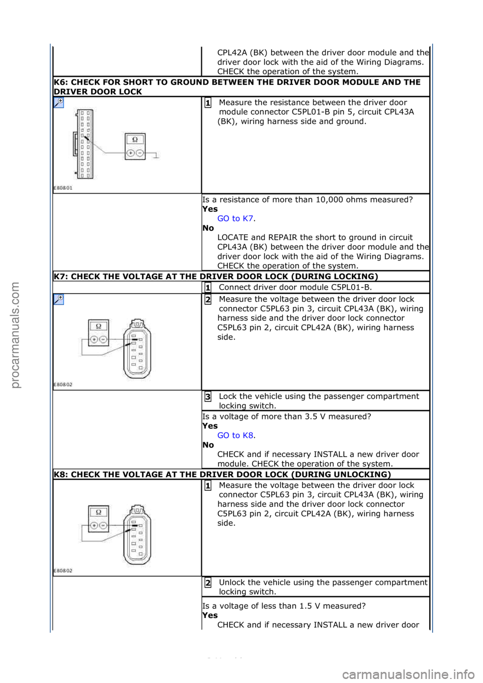 FORD S-MAX 2006  Service Repair Manual CPL42A\f(BK)\fbetween\fthe\fdriver\fdoor\fmodule\f\bnd\fthe\f
driver\fdoor\flock\fwith\fthe\f\bid\fof\fthe\fWiring\fDi\bgr\bms.\f
CHECK\fthe\foper\btion\fof\fthe\fsystem.\f
K6: CHECK FOR SHORT TO GROU