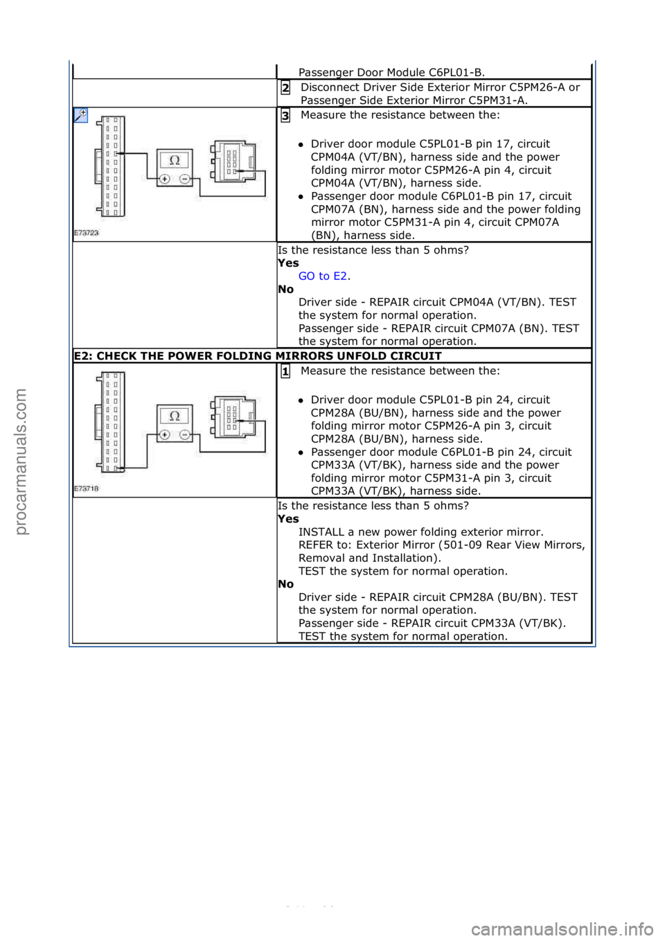 FORD S-MAX 2006  Service Repair Manual P\bssenger\fDoor\fModule\fC6PL01-B.\f
Disconnect\fDriver\fSide\fExterior\fMirror\fC5PM26-A\for\f
P\bssenger\fSide\fExterior\fMirror\fC5PM31-A.\f2 
Me\bsure\fthe\fresist\bnce\fbetween\fthe:\f\f
 Drive