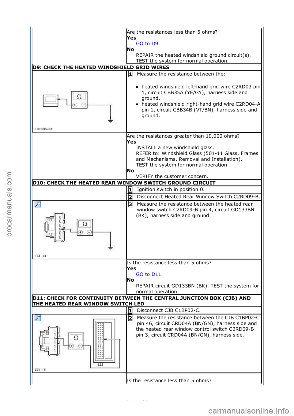 FORD S-MAX 2006  Service Repair Manual Are\fthe\fresist\bnces\fless\fth\bn\f5\fohms?\f
Yes GO\fto\fD9.\f\f
No 
R

EPAIR\fthe\fhe\bted\fwindshield\fground\fcircuit(s).\f
TEST\fthe\fsystem\ffor\fnorm\bl\foper\btion.\f\f
D9: CHECK THE HEATED 