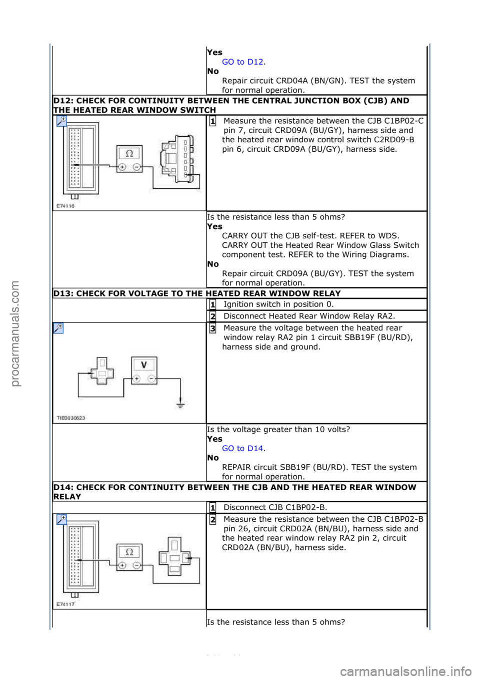 FORD S-MAX 2006  Service Repair Manual Yes GO\fto\fD12 .\f\f
No  R

ep\bir\fcircuit\fCRD04A\f(BN/GN).\fTEST\fthe\fsystem\f
for\fnorm\bl\foper\btion.\f\f
D12: CHECK FOR CONTINUITY BETWEEN THE CENTRAL JUNCTION BOX (CJB) AND 
THE HEATED REAR 