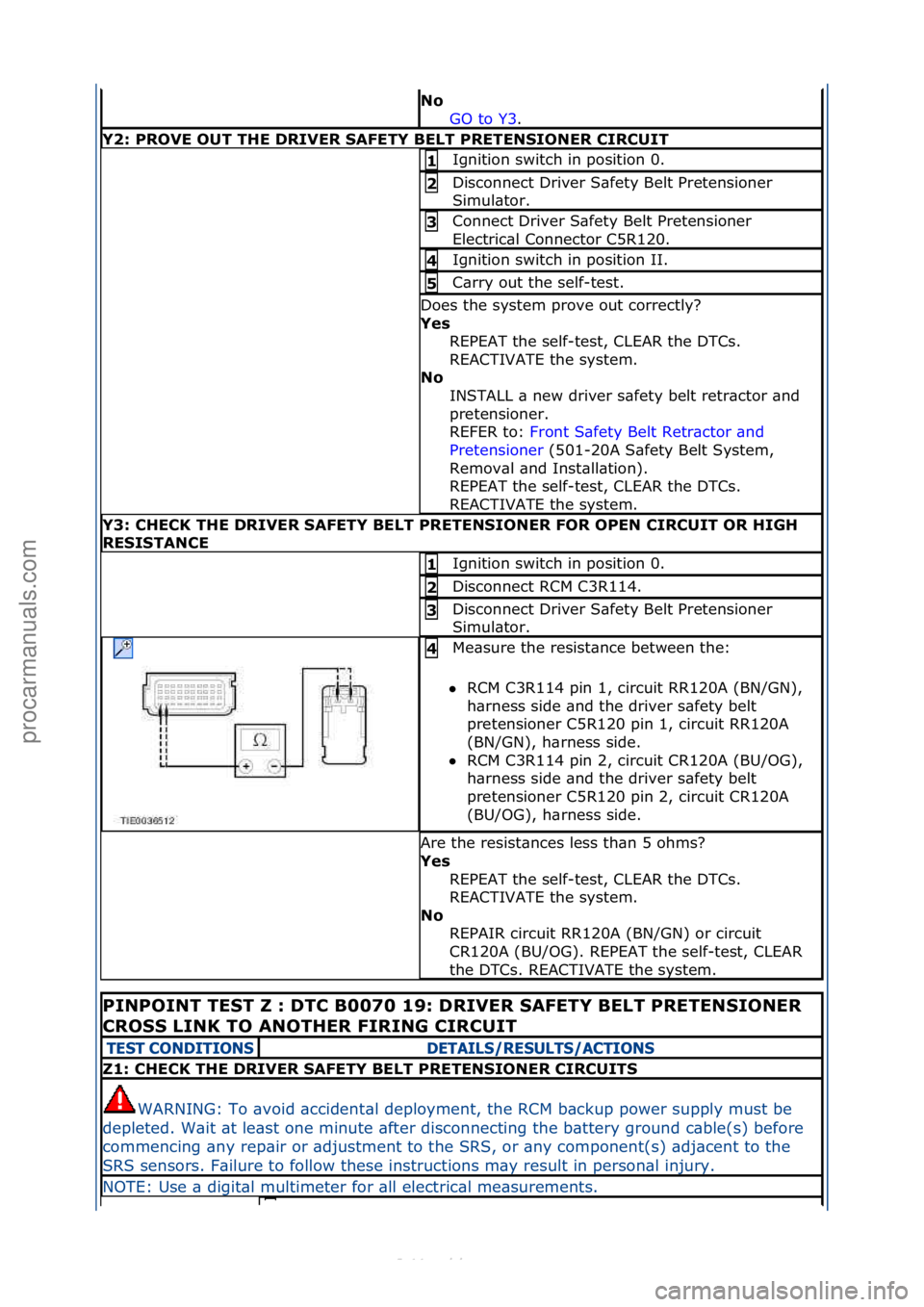 FORD S-MAX 2006  Service Repair Manual No GO\fto\fY3.\f\f
Y2: PROVE OUT THE DRIVER SAFETY BELT PRETENSIONER CIRCUIT
Ignition\fswitch\fin\fposition\f0.\f1 
Disconnect\fDriver\fS\bfety\fBelt\fPretensioner\f
Simul\btor.\f2 
Connect\fDriver\fS