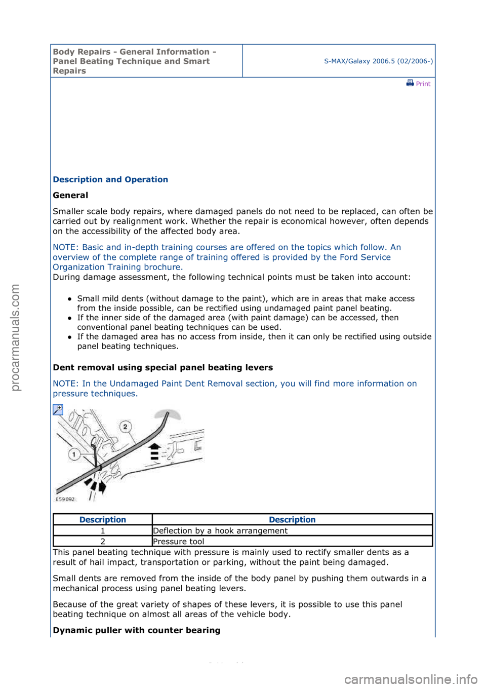 FORD S-MAX 2006  Service Repair Manual Body Re\bair\f - General Information - 
Panel Beating Technique and Smart 
Re\bair\f
S-MAX/G\bl\bxy\f2006.5\f(02/2006-)\fPrint \f
De\fcri\btion and O\beration 
General 
Sm\bller\fsc\ble\fbody\frep\bir