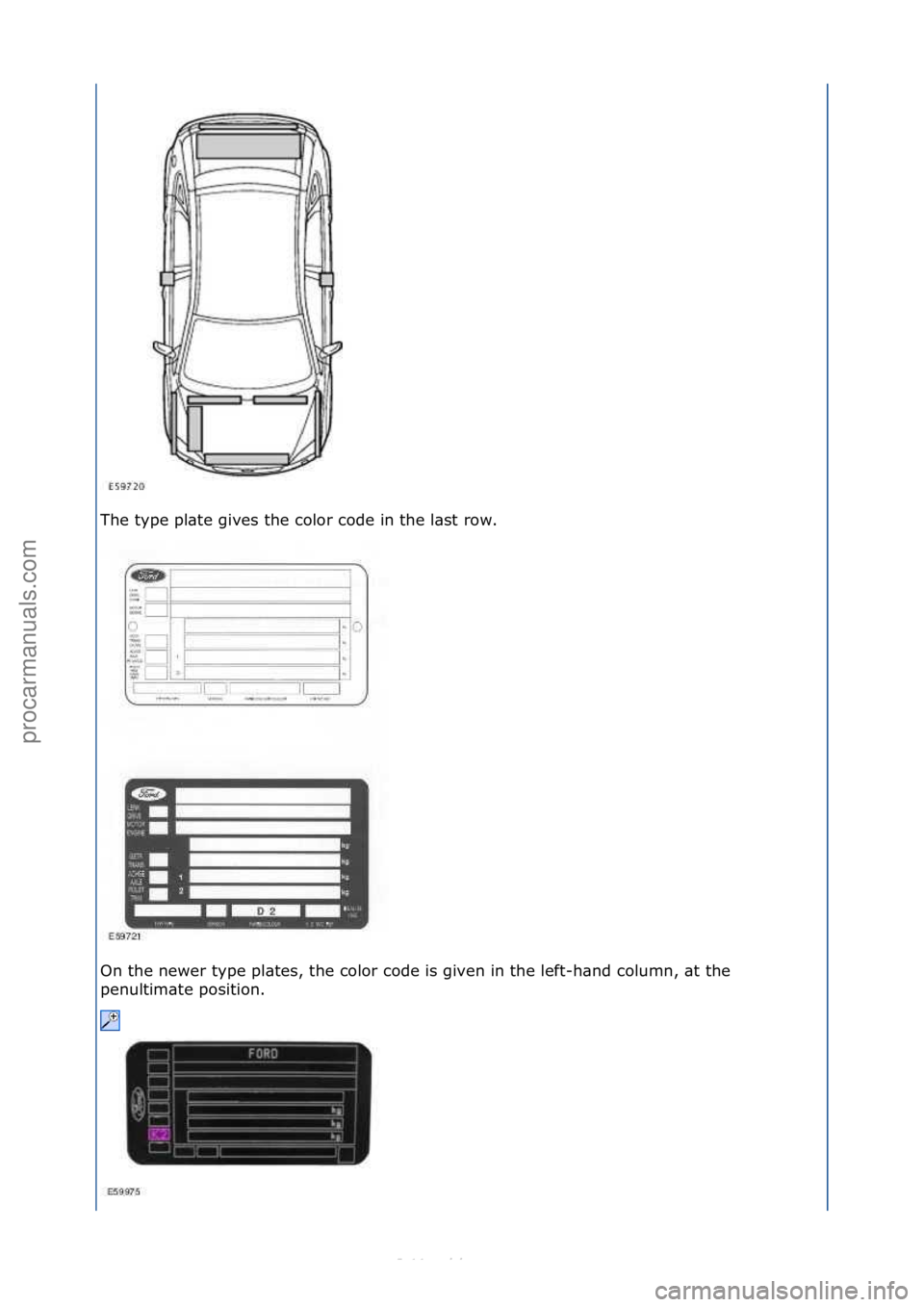 FORD S-MAX 2006  Service Repair Manual The\ftype\fpl\bte\fgives\fthe\fcolor\fcode\fin\fthe\fl\bst\frow.\f
On\fthe\fnewer\ftype\fpl\btes,\fthe\fcolor\fcode\fis\fgiven\fin\fthe\fleft-h\bnd\fcolumn,\f\bt\fthe\f
penultim\bte\fposition.\f
\f
\f