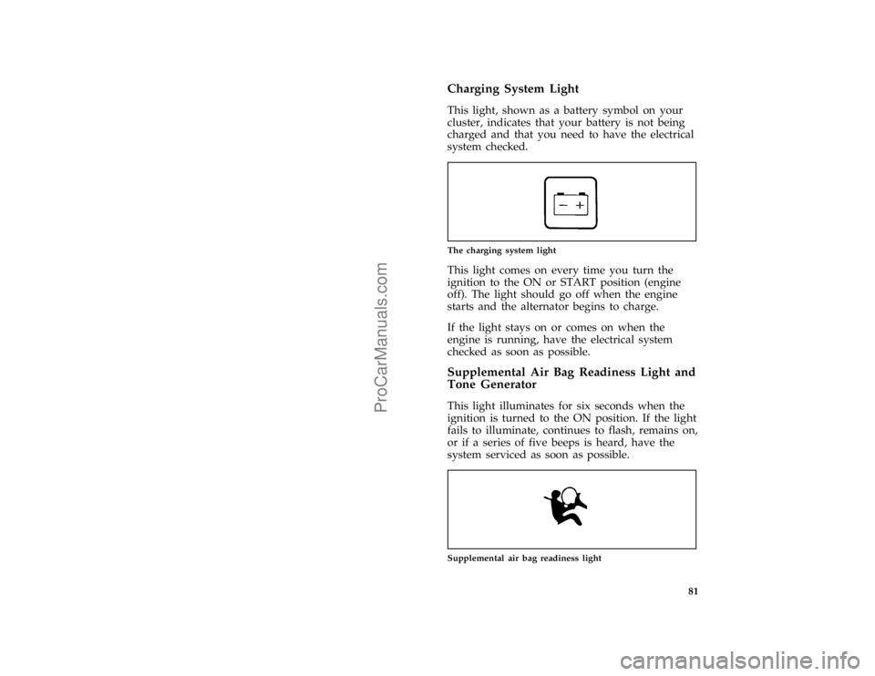 FORD BRONCO 1988  Owners Manual 81
*
[LG05900( ALL)01/95]
Charging System Light
*
[LG06000( ALL)03/95]
This light, shown as a battery symbol on your
cluster, indicates that your battery is not being
charged and that you need to have