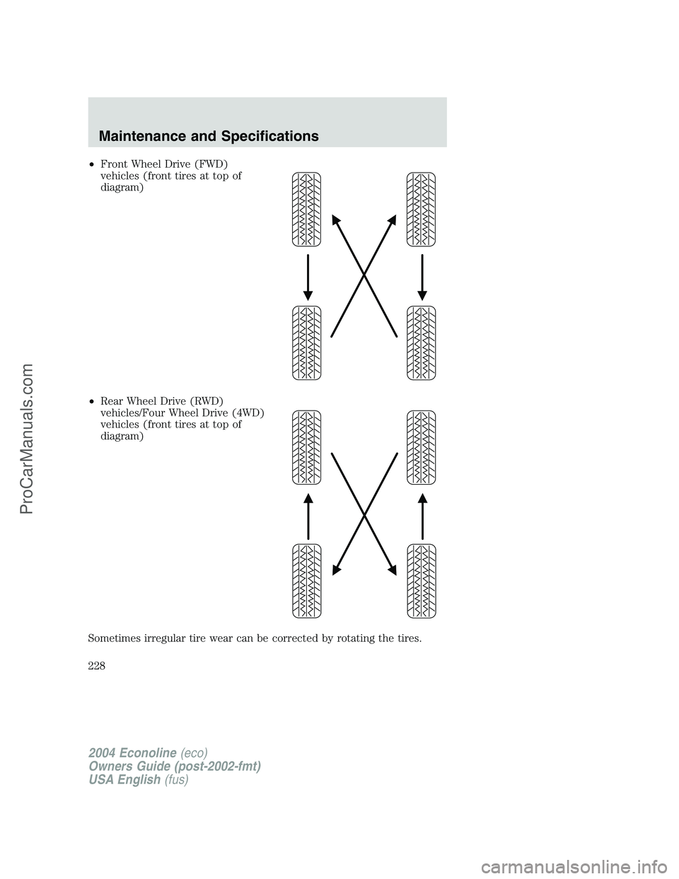 FORD E-150 2004  Owners Manual •Front Wheel Drive (FWD)
vehicles (front tires at top of
diagram)
•Rear Wheel Drive (RWD)
vehicles/Four Wheel Drive (4WD)
vehicles (front tires at top of
diagram)
Sometimes irregular tire wear can